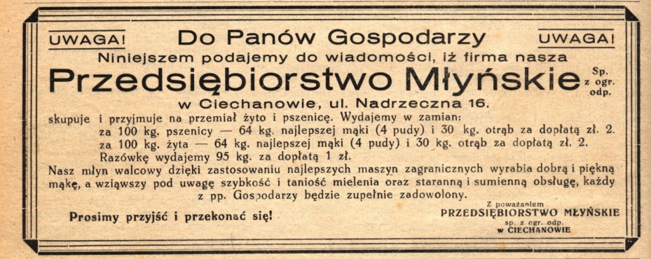 Ogłoszenie Przedsiębiorstwa Młyńskiego z 1932 roku